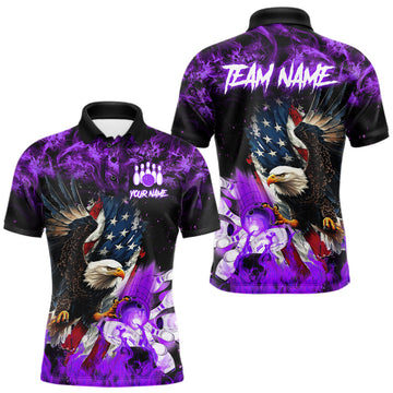 Maxcorners Purple Flame American Flag Eagle Bowling Shirt For Men Custom Patriotic Team League Bowling Jersey LM0208