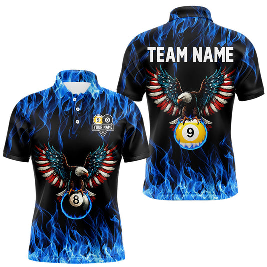 Maxcorners Blue Flaming American Flag Eagle 8 Ball & 9 Ball Billiard Shirt For Men Custom Pool Team Jersey LM0101