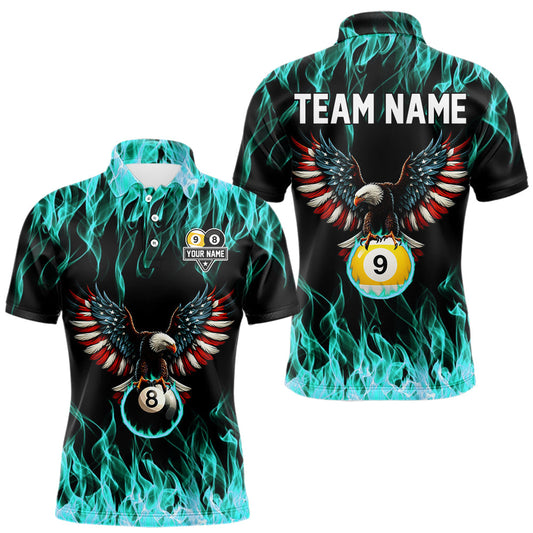 Maxcorners Turquoise Flaming American Flag Eagle 8 Ball 9 Ball Billiard Shirt For Men Custom Pool Team Jersey LM0101