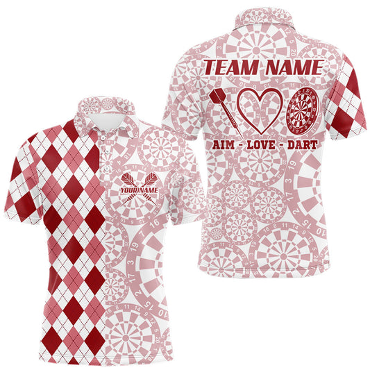 Maxcorners Aim Love Darts Custom Red Argyle Men Darts Polo & 1/4 Shirts, Funny Darts Shirts Darts Team Jersey