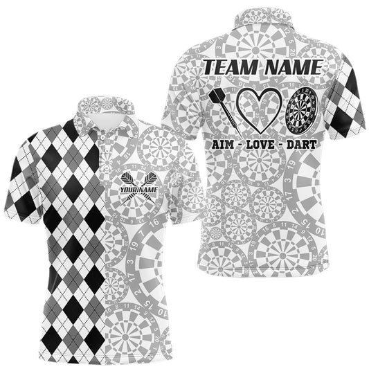 Maxcorners Aim Love Darts Custom Black Argyle Men Darts Polo & 1/4 Shirt, Funny Darts Shirts Dart Team Jersey