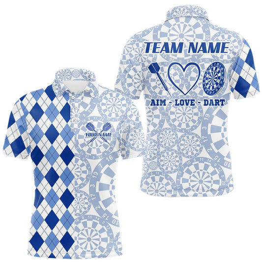 Maxcorners Aim Love Darts Custom Blue Argyle Men Darts Polo & 1/4 Shirts, Funny Darts Shirts Dart Team Jersey