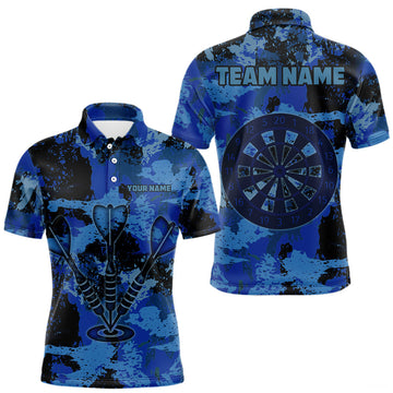 Maxcorners Custom Grunge Blue Camo Arrow Darts Shirts For Men, Retro Darts Jersey Team Polo & 1/4 Zip