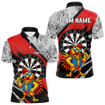 Maxcorners Personalized Rooster Funny Darts Shirt For Men Custom Darts Team Jersey Polo & 1/4 Zip |Red LM0404