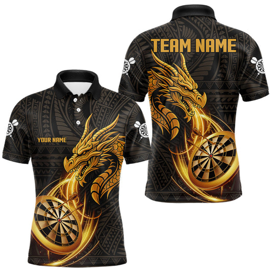 Maxcorners Black And Golden Custom Tribal Dragon Darts Shirt For Men, Darts Team Jersey Polo & Quarter Zip