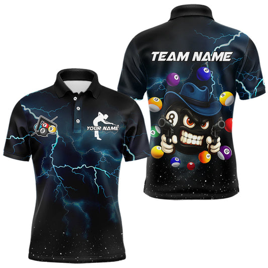 Maxcorners Blue Funny 8 Ball Pool Billiard Shirt For Men Custom Thunder Lightning Billiard Team Jersey LM0412