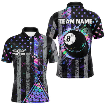 Maxcorners Custom Holographic Grunge US Flag Patriotic Billiard Shirt For Men Retro 8 Ball Pool Team Jersey LM0510