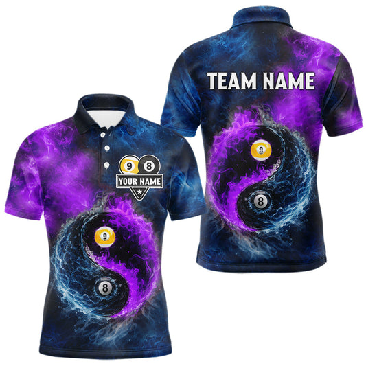 Maxcorners Custom Blue Purple Water Fire Billiard Shirt For Men, 8 Ball & 9 Ball Pool Jersey Polo & 1/4 Zip LM0404