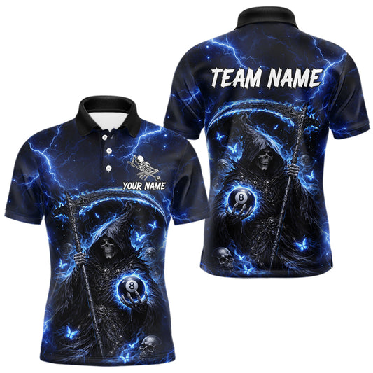 Maxcorners Blue 8 Ball Pool Grim Reaper Billiard Shirt For Men Custom Billiard Team Jersey Polo & 1/4 Zip LM0404