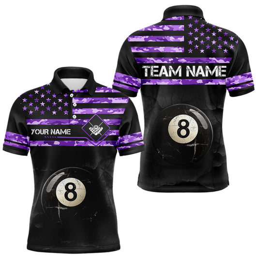 Maxcorners Customized Retro 8 Ball Pool Purple Camo US Flag Billiard Shirt For Men, Patriotic Billiard Jersey LM1203