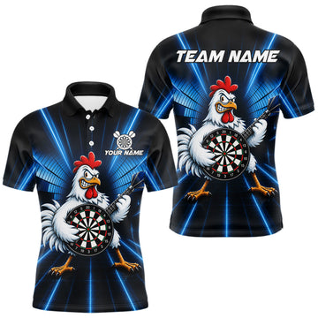 Maxcorners Blue Funny Chicken Playing Dartboard Guitar Custom Darts Shirts For Men, Darts Team Jersey LM0410