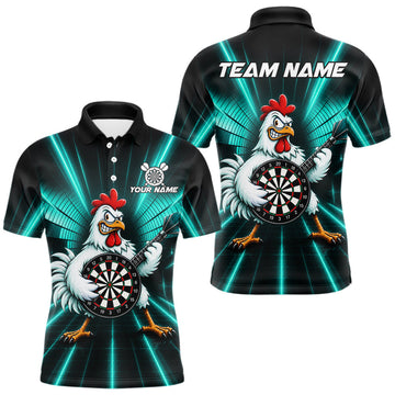 Maxcorners Teal Funny Chicken Playing Dartboard Guitar Custom Darts Shirts For Men, Darts Team Jersey LM0410