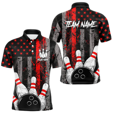 Maxcorners Red Grunge American Flag Bowling Shirts for Men Custom Patriotic Bowling League Team Jersey LM2709