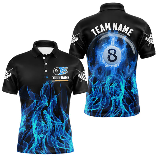Maxcorners Blue Flaming 8 Ball Billiard Polo & 1/4 Zip For Men Custom Billiard Jersey, Pool Team Shirts LM2901