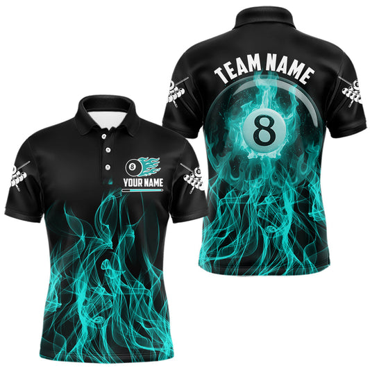 Maxcorners Turquoise Flaming 8 Ball Billiard Polo & 1/4 Zip For Men Custom Billiard Jersey, Pool Team Shirts LM2901