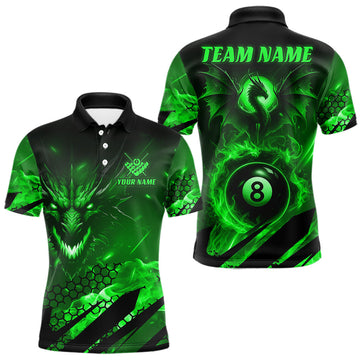 Maxcorners Personalized Green Flaming Dragon 8 Ball Billiard Shirt For Men, Pool Team Jersey Polo & 1/4 Zip LM0410