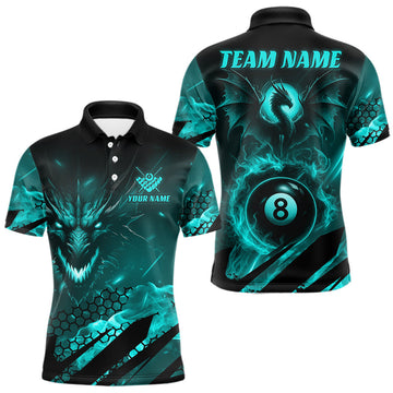 Maxcorners Personalized Teal Flaming Dragon 8 Ball Billiard Shirt For Men, Pool Team Jersey Polo & 1/4 Zip LM0410