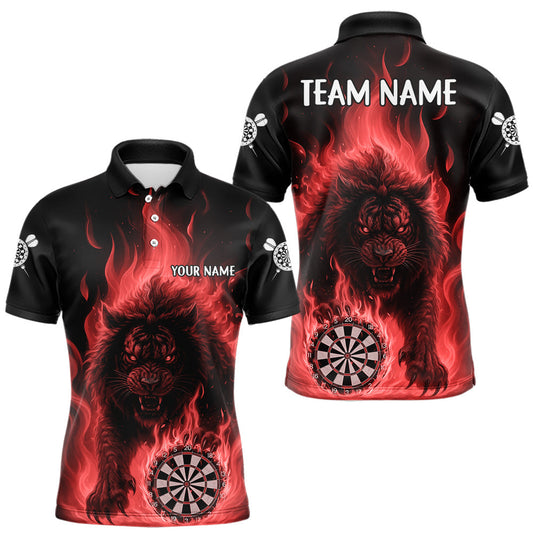 Maxcorners Red Flaming Lion Darts Shirts For Men Custom Fire Darts League Jersey Team Polo & 1/4 Zip