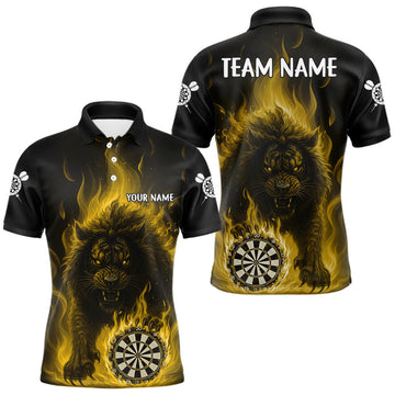 Maxcorners Yellow Flaming Lion Darts Shirts For Men Custom Fire Darts League Jersey Team Polo & 1/4 Zip