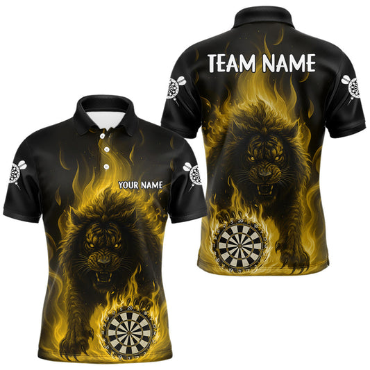 Maxcorners Yellow Flaming Lion Darts Shirts For Men Custom Fire Darts League Jersey Team Polo & 1/4 Zip