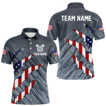 Maxcorners American Flag Grey Grunge Darts Polo & Quarter Zip Custom Dart Shirt For Men Patriotic Dart Jersey LM0404
