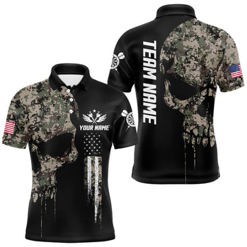 Maxcorners Retro Camouflage Skull Darts Shirt For Men Custom Patriotic US Flag Darts Jersey Polo & 1/4 Zip