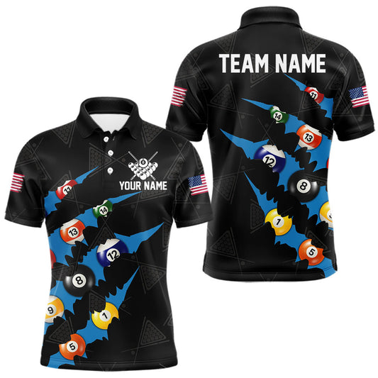 Maxcorners Personalized Scratch Black 8 Ball Billiard Shirt For Men, Pool Team Jersey Polo 1/4 Zip |Blue