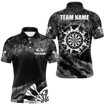 Maxcorners Black Grey Grunge Camo Darts Shirt For Men Custom Darts Jersey Team Polo & 1/4 Zip, Darts Uniform LM1005