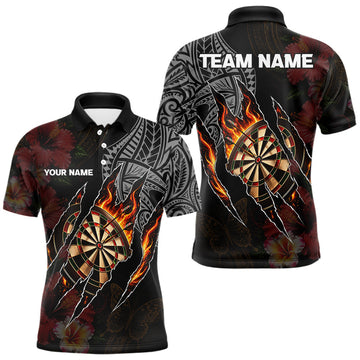 Maxcorners Personalized Hibiscus Flower Flame Darts Shirt For Men, Tribal Darts Team Jersey Polo & 1/4 Zip LM1005