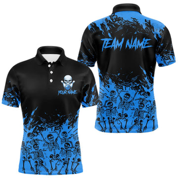 Maxcorners Black And Blue Funny Skeleton Bowling Shirts For Men Custom Skull Bowling League Team Jersey LM1508