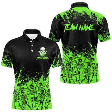 Maxcorners Black And Green Funny Skeleton Bowling Shirts For Men Custom Skull Bowling League Team Jersey LM1508