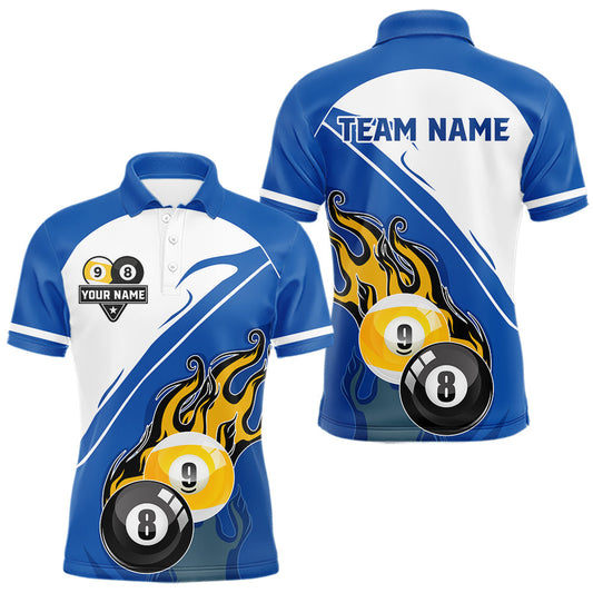 Maxcorners White And Blue 8 Ball & 9 Ball Flame Billiard Shirt For Men Custom Pool Team Jersey Polo & 1/4 Zip LM1104