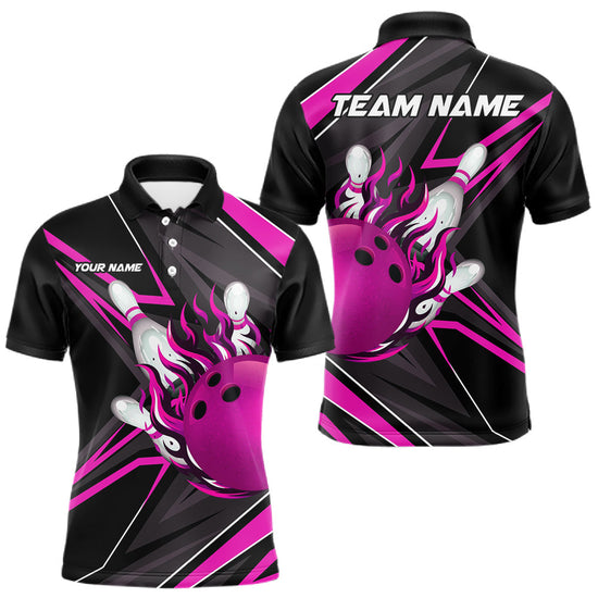 Maxcorners Pink And Black Men's Bowling Shirts Custom Fire Flame Bowling Team Jersey Polo & Quarter Zip