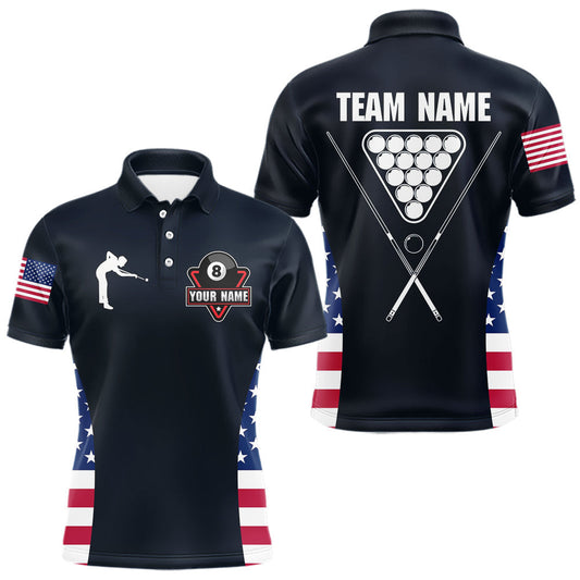 Maxcorners Custom US Flag 8 Ball Pool Billiard Shirt For Men, Billiard Team Jersey Polo & 1/4 Zip |Navy Blue LM1112