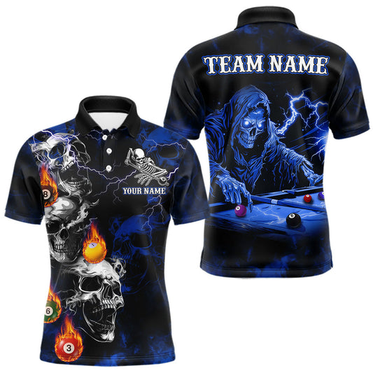 Maxcorners Personalized Smoke Skull Blue Billiard Shirts For Men, Grim Reaper Pool Jersey Team Polo & 1/4 Zip LM1202