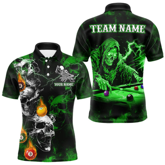 Maxcorners Personalized Smoke Skull Green Billiard Shirts For Men, Grim Reaper Pool Jersey Team Polo, 1/4 Zip LM1202