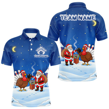 Maxcorners Funny Santa And Turkey Custom Bowling Shirt For Men, Christmas Bowling Team Jersey Bowling Gift