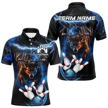 Maxcorners Personalized Blue Lightning Thunder Deer Bowling Shirts For Men Custom Bowling League Team Jersey LM1910