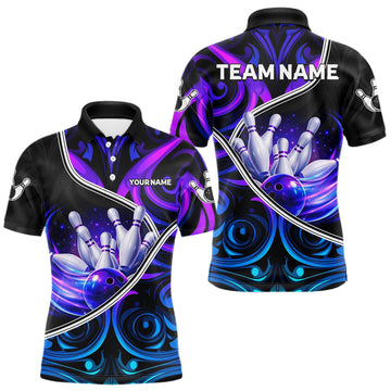 Maxcorners Custom Neon Purple Blue Tribal Bowling Shirts For Men, Bowling Team Jersey Polo & Quarter Zip