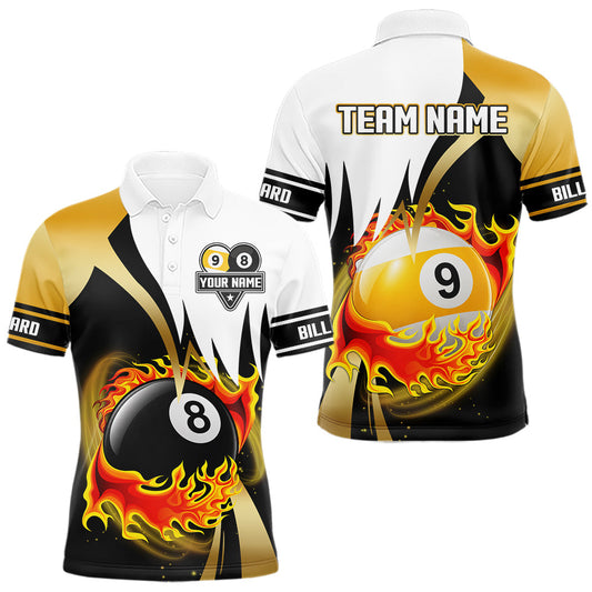 Maxcorners Custom Flame 8 Ball & 9 Ball Billiard Shirt For Men, Pool Team Jersey Polo & Quarter Zip |Gold LM1705
