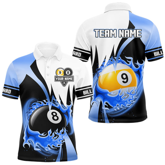 Maxcorners Custom Flame 8 Ball & 9 Ball Billiard Shirt For Men, Pool Team Jersey Polo & Quarter Zip |Blue LM1705