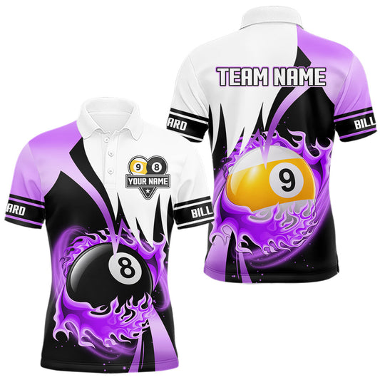 Maxcorners Custom Flame 8 Ball & 9 Ball Billiard Shirt For Men, Pool Team Jersey Polo & Quarter Zip |Purple LM1705