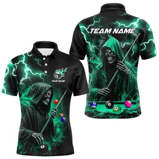 Maxcorners Turquoise Grim Reaper Billiard Shirts For Men Custom Thunder Lightning Team League Billiard Jersey LM1903