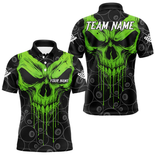 Maxcorners Personalized Skull 8 Ball Billiard Shirt For Men Custom Pool Team Jersey Polo & 1/4 Zip |Green