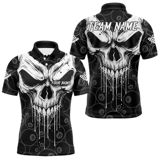 Maxcorners Personalized Skull 8 Ball Billiard Shirt For Men Custom Pool Team Jersey Polo & 1/4 Zip |White