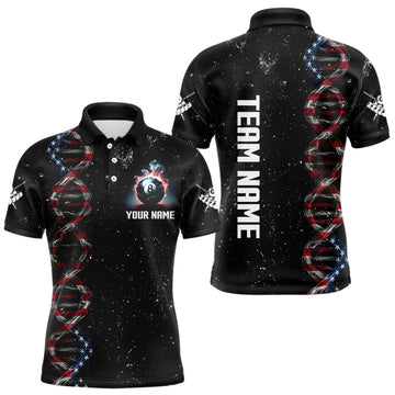 Maxcorners Men's Custom DNA American Flag Smoke 8 Ball Billiard Shirt, Patriotic Pool Jersey Polo & 1/4 Zip LM1708