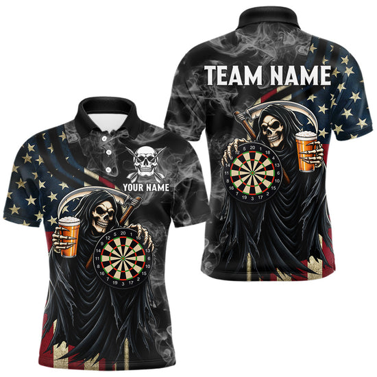 Maxcorners US Flag Grim Reaper Smoke Darts Shirt For Men Custom Beer Darts Team Jersey Polo & 1/4 Zip