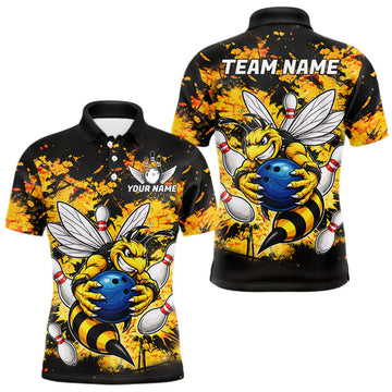 Maxcorners Funny Bee Custom Grunge Yellow Black Bowling Shirt For Men, Bowling Team Jersey Polo & 1/4 Zip LM1903
