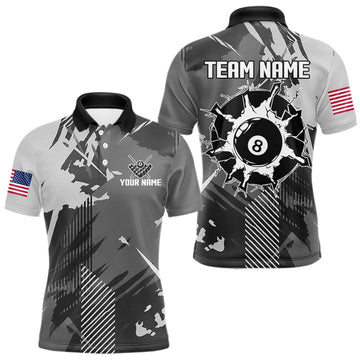 Maxcorners Custom Grey Grunge 8 Ball Pool Billiard Shirts For Men, Billiard Team Jersey Polo & Quarter Zip