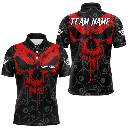 Maxcorners Personalized Skull 8 Ball Billiard Shirt For Men Custom Pool Team Jersey Polo & 1/4 Zip |Red MT1810